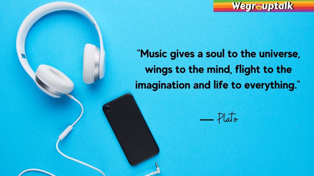 A quote from Plato is quoted along with a mobile phone and headphones.